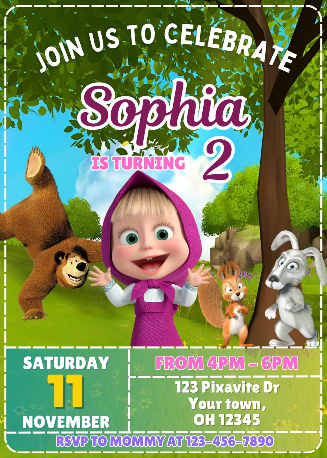 Editable Masha And The Bear Birthday Invitation Template | Lovely Invite