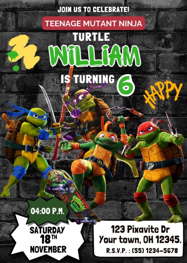Teenage Mutant Ninja Turtles Mutant Mayhem Birthday Invitation