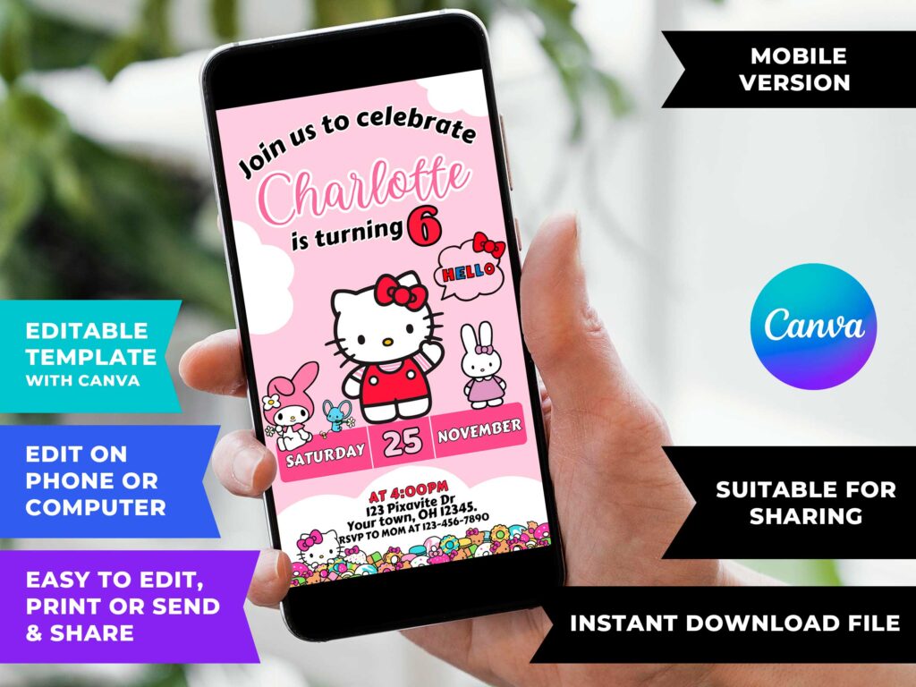 Editable Hello Kitty Birthday Invitation Template | Lovely Invite