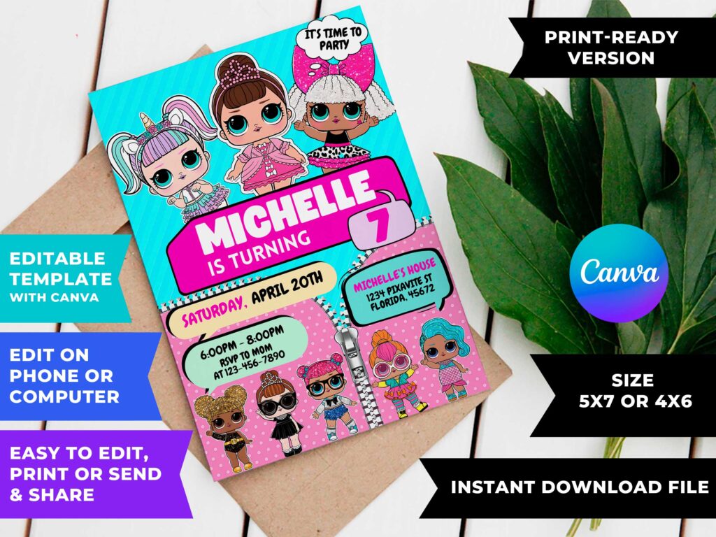 Editable Lol Surprise Dolls Birthday Invitation Template | Sweet Invite