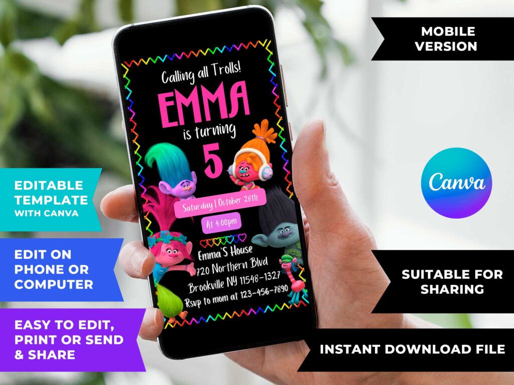 Editable Trolls Birthday Invitation Template | Sweet Invite