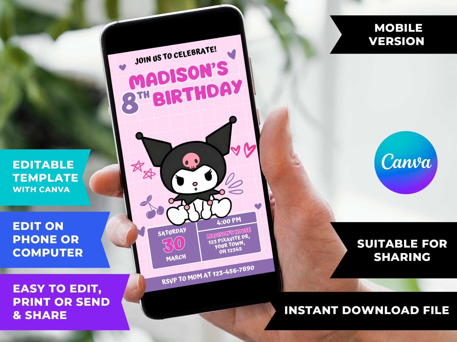 Editable Kuromi Birthday Invite Template | Adorable Invitation