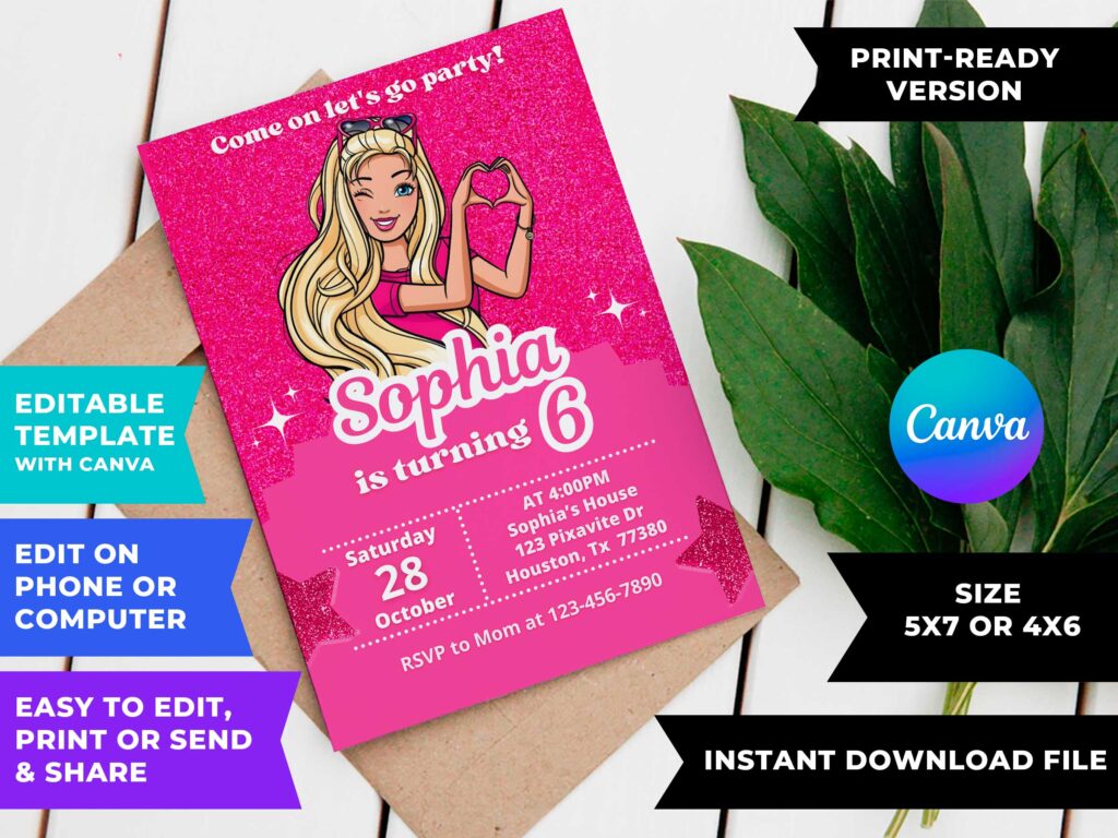 Editable Barbie Birthday Invitation Template | Sweet Invite