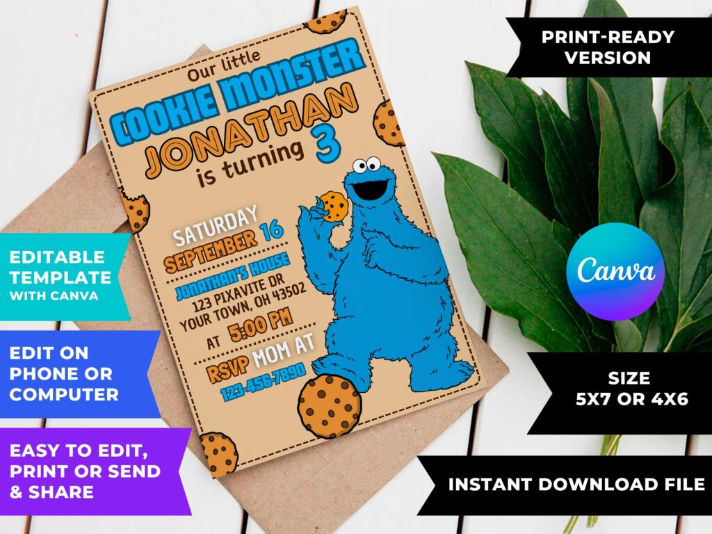 Editable Cookie Monster Birthday Invitation Template | Sweet Invite