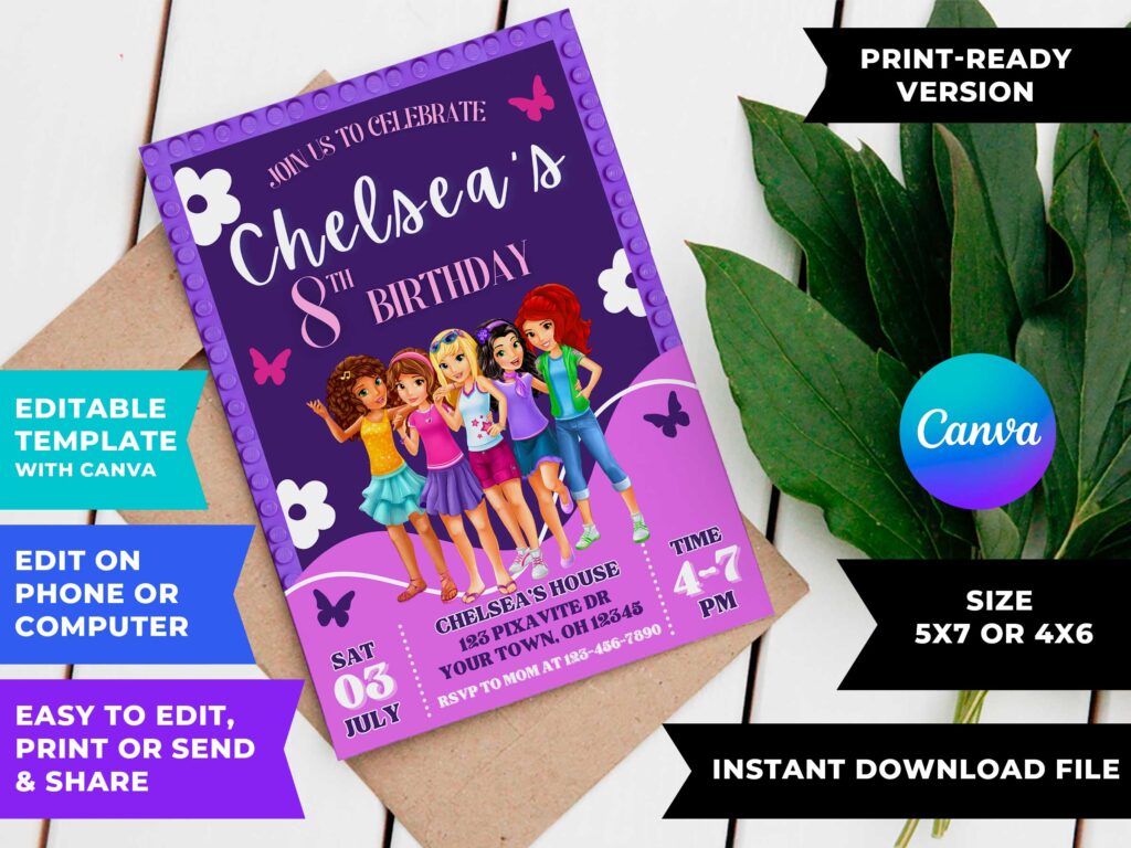 Editable Lego Friends Birthday Invitation Template | Cute Invite