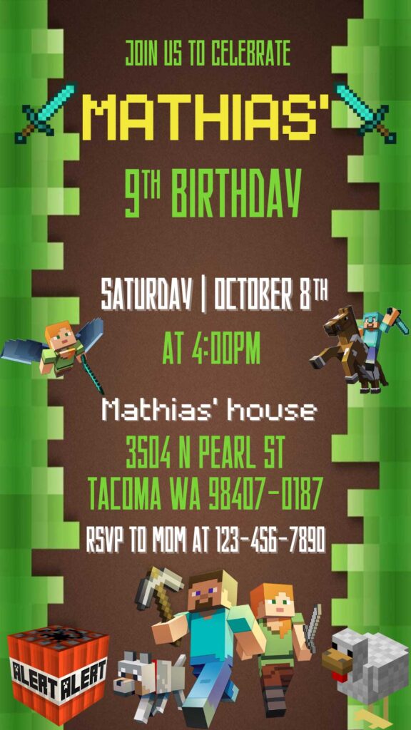 Editable minecraft birthday invitation template fantastic invite