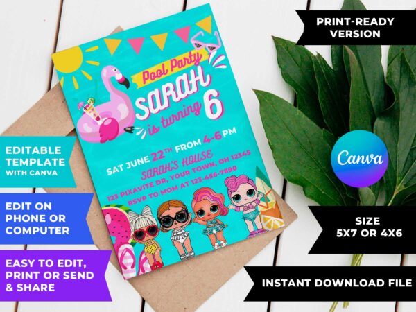 Lol Surprise Dolls Pool Party Birthday Invitation