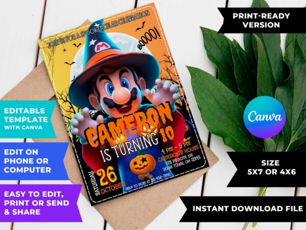 Mario Bros Halloween Birthday Invitation