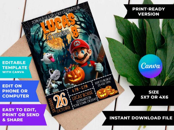 Mario Bros Halloween Birthday Invite