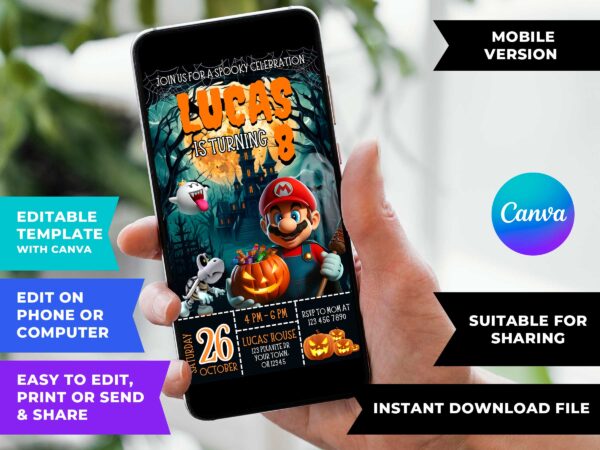 Mario Bros Halloween Birthday Invite