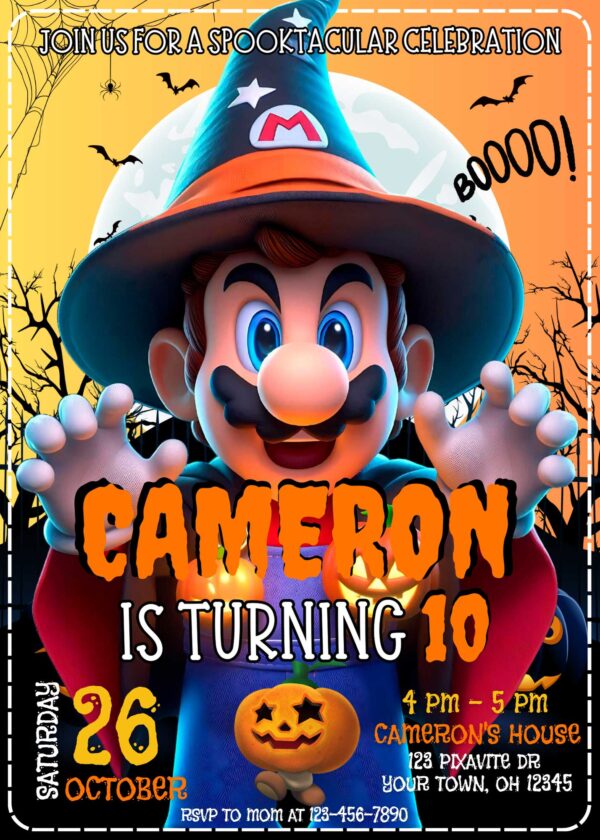 Mario Bros Halloween Birthday Invitation