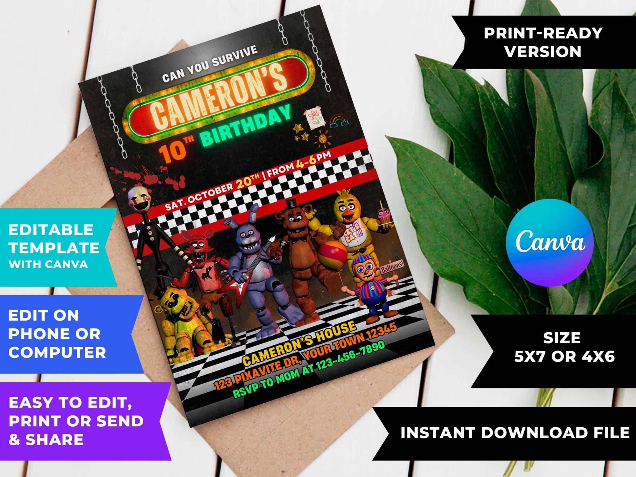 Editable Five Nights at Freddy s Birthday Invitation Template Awesome