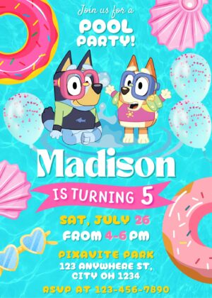 Editable Bluey Pool Party Invitation Template for Birthday