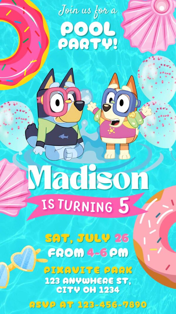 Editable Bluey Pool Party Invitation Template for Birthday