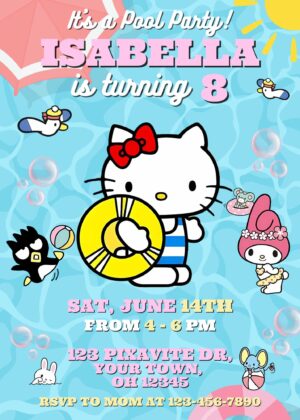 Editable Hello Kitty Pool Party Invitation Template for girl's Birthday