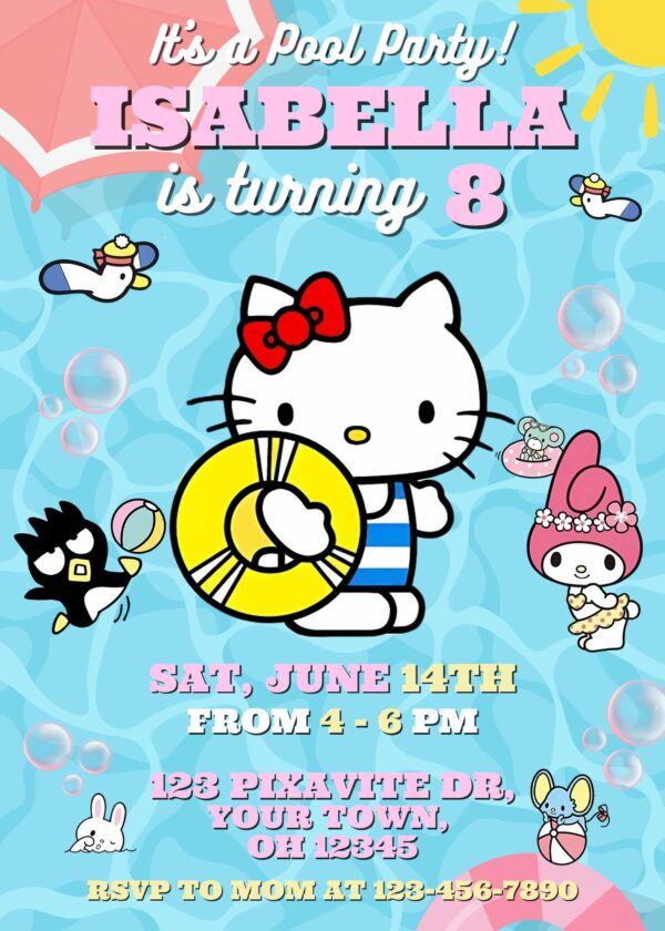 Editable Hello Kitty Pool Party Invitation Template for girl's Birthday