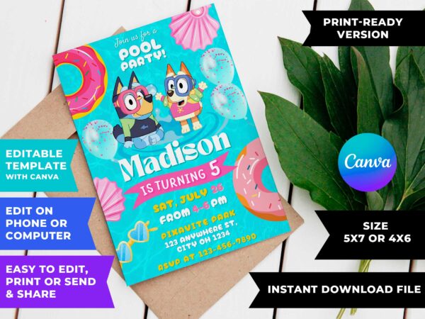 Editable Bluey Pool Party Invitation Template for Birthday