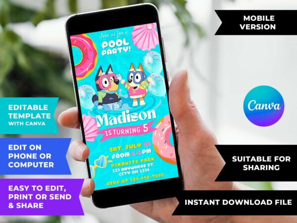 Editable Bluey Pool Party Invitation Template for Birthday