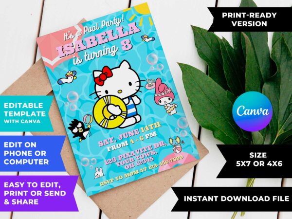 Editable Hello Kitty Pool Party Invitation Template for girl's Birthday