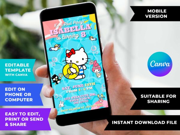 Editable Hello Kitty Pool Party Invitation Template for girl's Birthday