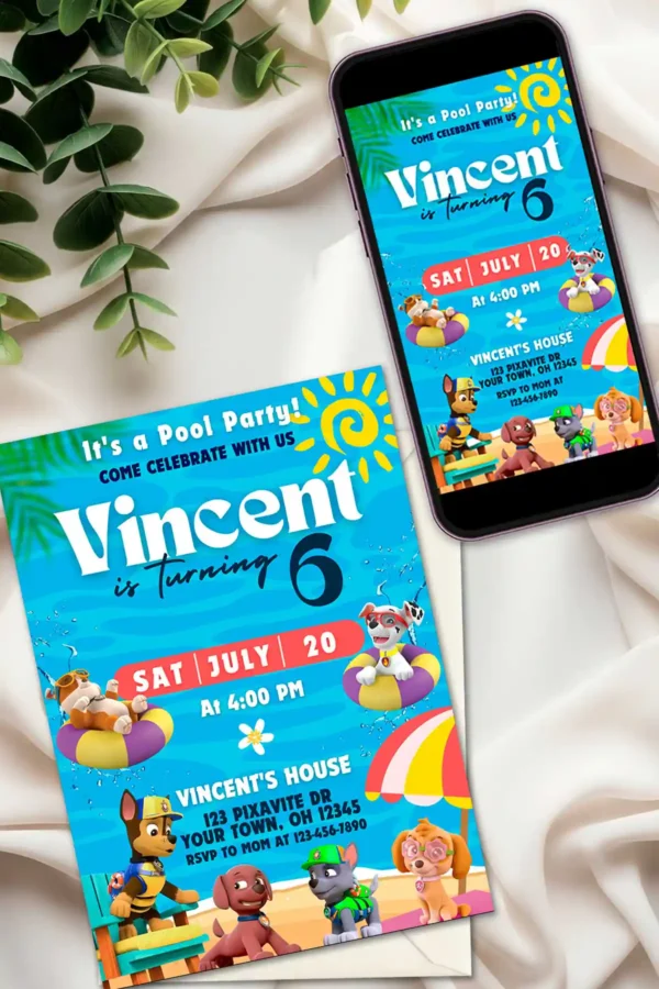 Paw Patrol Pool Party Invitation
