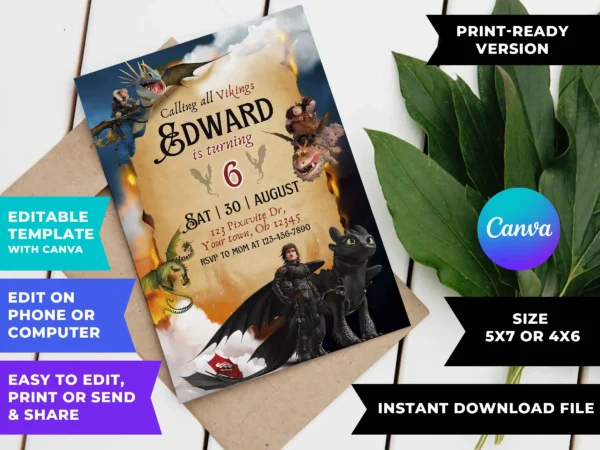 Editable How to Train your Dragon Birthday Invitation Template - Image 2