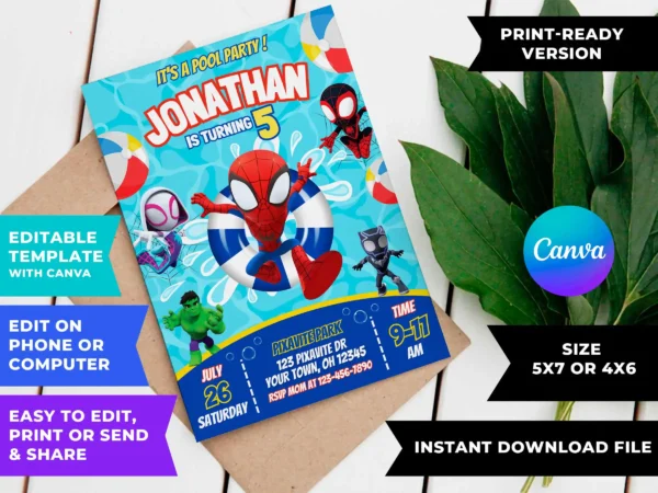 Spidey and His Amazing Friends Pool Party Invitation