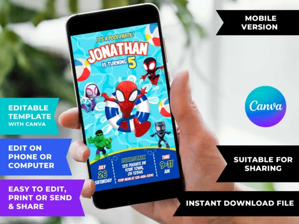 Spidey and His Amazing Friends Pool Party Invitation