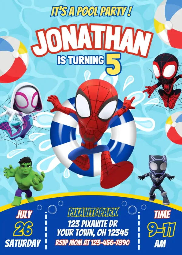 Spidey and His Amazing Friends Pool Party Invitation