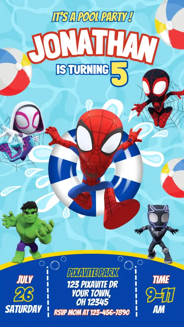 Spidey and His Amazing Friends Pool Party Invitation