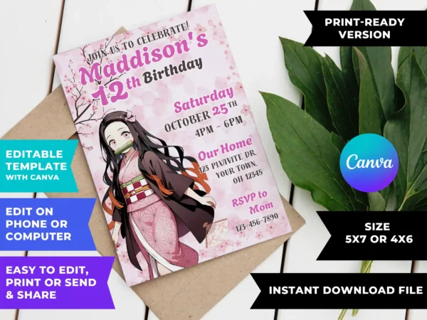 Demon Slayer Nezuko Birthday Invitation