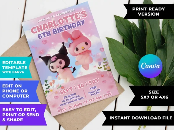 My Melody and Kuromi Birthday Invitation