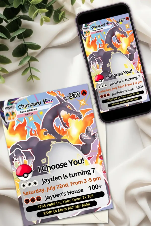 Charizard Pokemon Card Birthday Invitation
