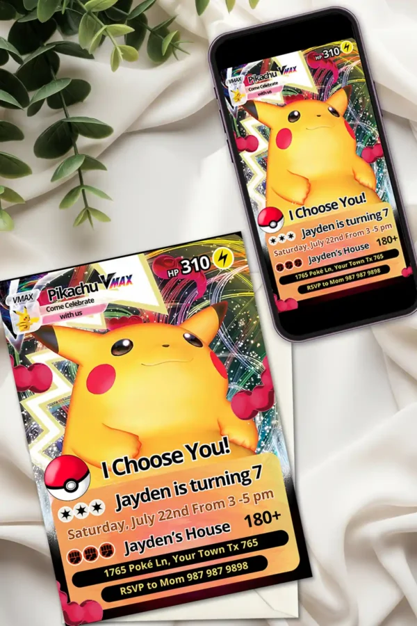 mockup pikachu pokemon card birthday invitation 2 3 Pikachu Pokemon Card Birthday Invitation