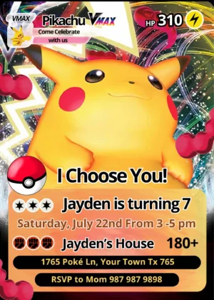 pikachu pokemon card birthday invitation Pikachu Pokemon Card Birthday Invitation