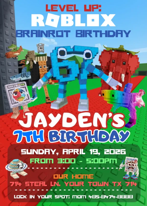 Roblox Steal a Brainrot Birthday Invitation Template Awesome Invite