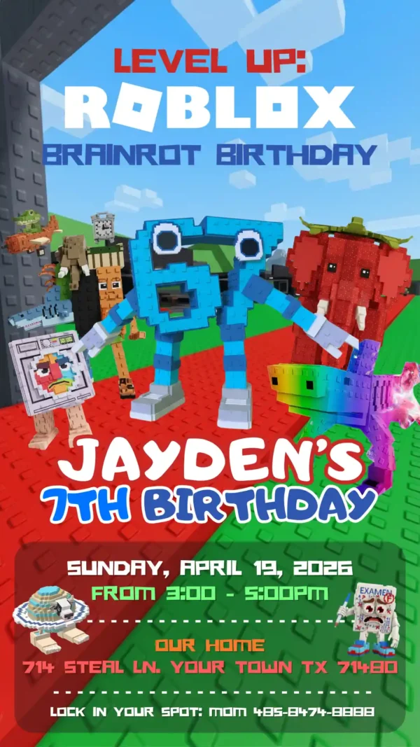 Roblox Steal a Brainrot Birthday Invitation Template Awesome Invite