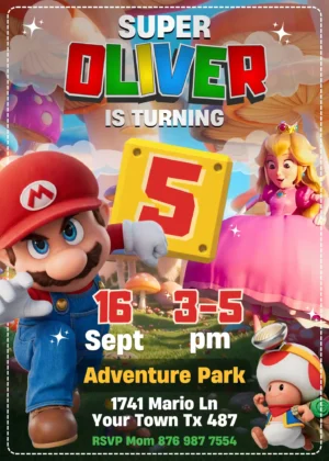 Editable Super Mario Bros Movie birthday invitation template featuring Mario running, Princess Peach, and Toad in the Mushroom Kingdom