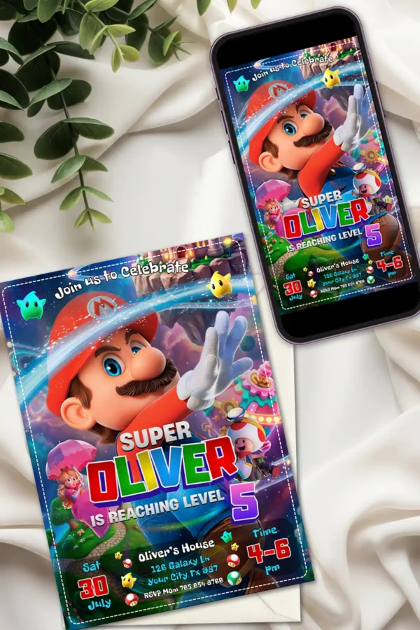 Super Mario Galaxy Movie birthday invitation template editable in Canva for printing and digital mobile sharing