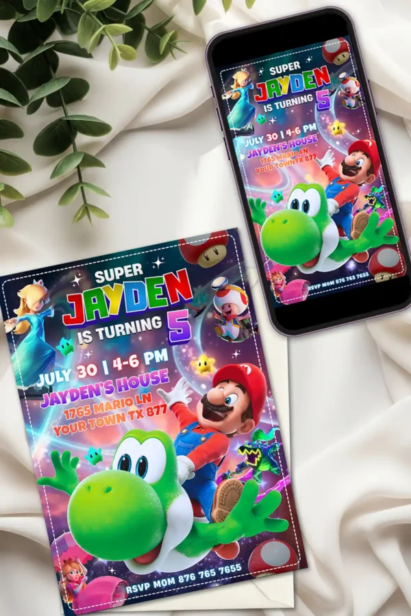 Super Mario Galaxy birthday invite template editable in Canva for printing and digital mobile sharing