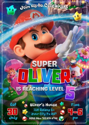 Editable Super Mario Galaxy Movie birthday invitation template featuring Mario, Princess Peach, and Toad in space