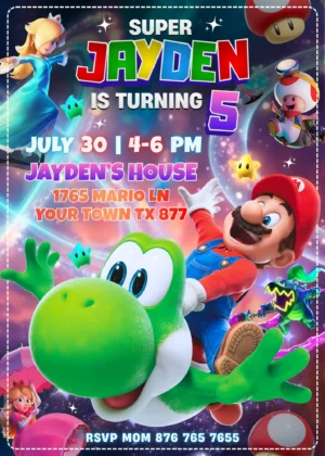 Editable Super Mario Galaxy Movie birthday invite template featuring Mario riding Yoshi, Rosalina, and Lumas in space