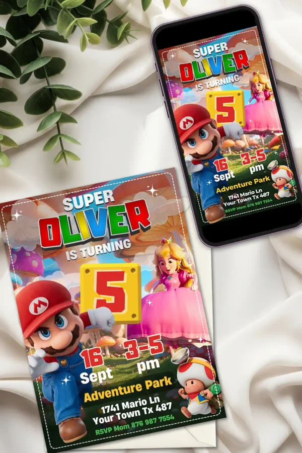 Super Mario Bros Movie birthday invitation template editable in Canva for printing and digital mobile sharing
