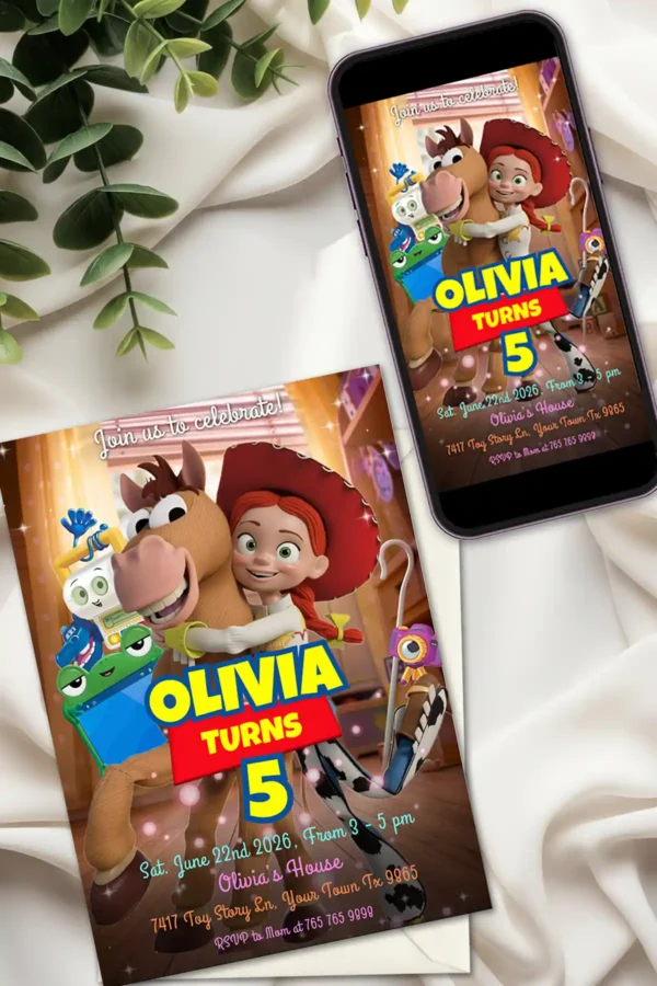 toy story 5 birthday girl invitation printable and digital Toy Story 5 birthday invitation template editable in Canva for printing and digital mobile sharing