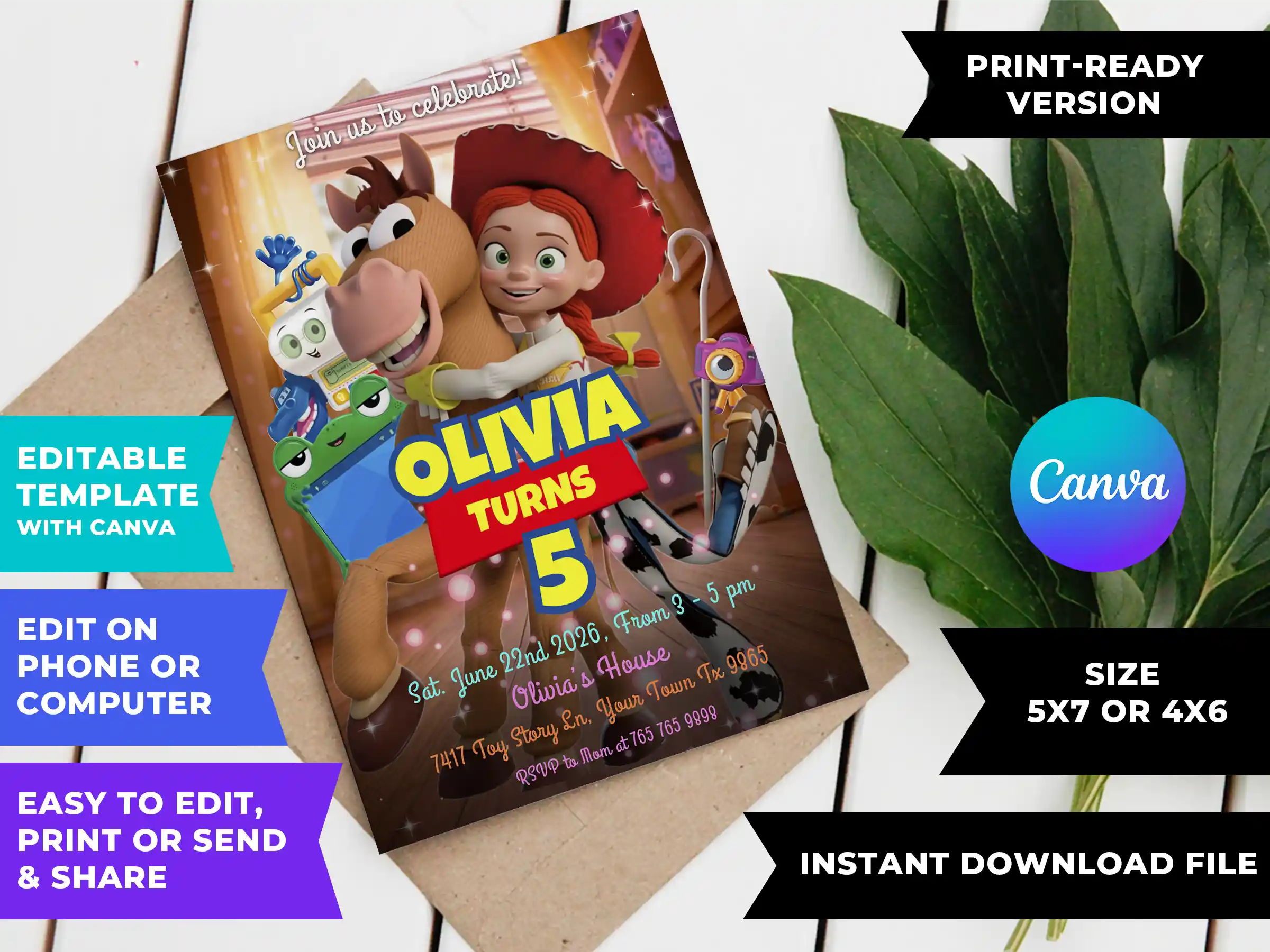 toy story 5 birthday girl invitation printable DIY Toy Story 5 birthday invitation template printable editable in Canva featuring Jessie, Bullseye and a green frog tablet case