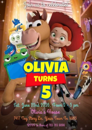 toy story 5 birthday girl invitation template Editable Toy Story 5 birthday girl invitation template featuring Jessie, Bullseye and the Lilypad tablet over a colorful pink background