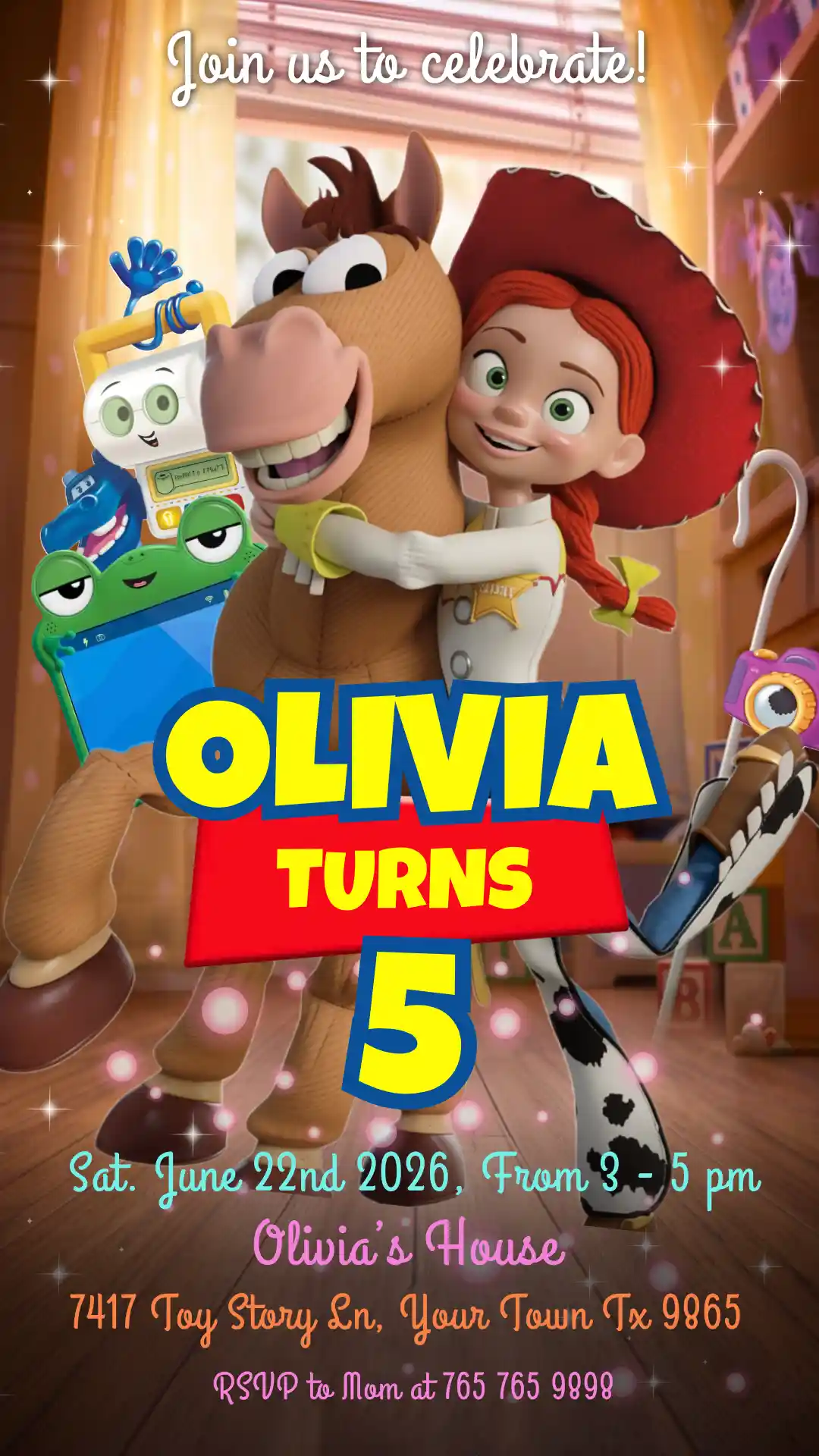 toy story 5 birthday girl invitation template mobile Toy Story 5 Birthday Girl Invitation template for Whatsapp and iMessage sharing featuring Jessie and Bullseye
