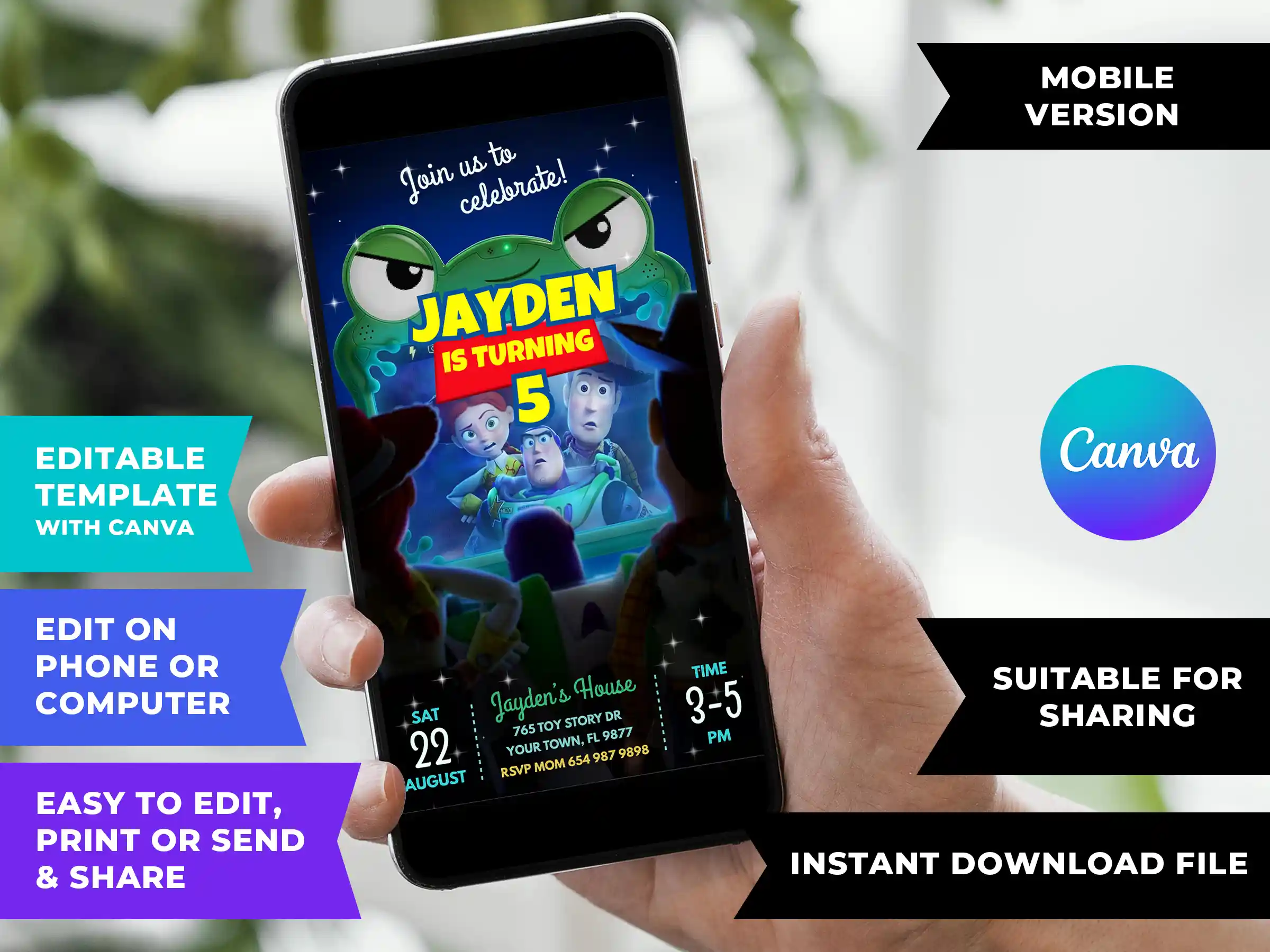 toy story 5 birthday invitation mobile digital DIY Toy Story 5 birthday invitation template editable in Canva for mobile sharing