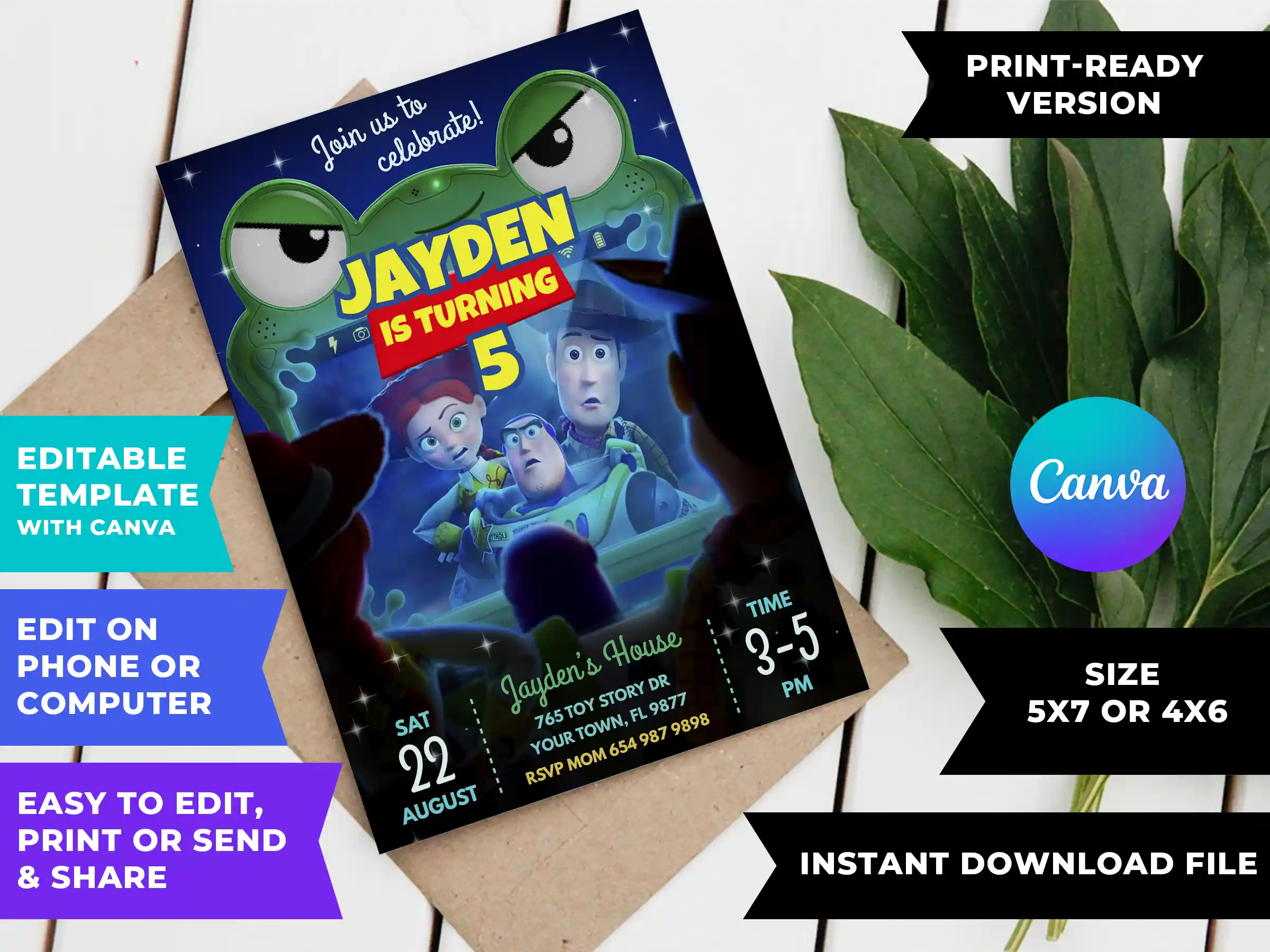 toy story 5 birthday invitation printable DIY Toy Story 5 birthday invitation template printable editable in Canva featuring Buzz, Woody, and Jessie looking forward