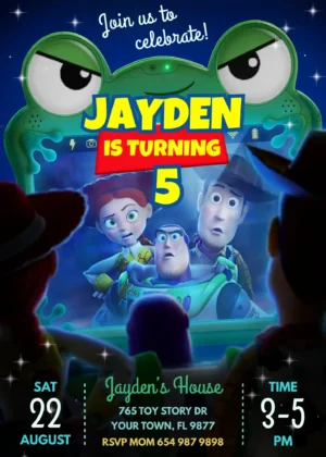 Editable Toy Story 5 birthday invitation template featuring Woody, Buzz Lightyear, and Jessie inside a frog tablet case